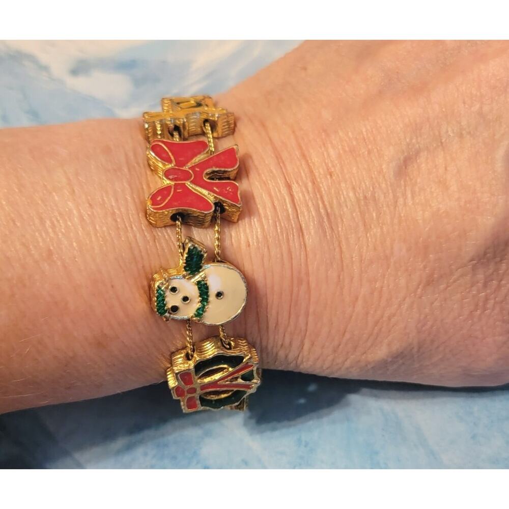 Vintage Christmas‎ Slide Bracelet Enamel 7.5" Snowman Wreath Gold-tone h-63